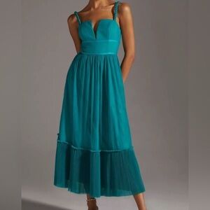 Anthro Hutch Square Neck Tulle Braided Strap Cocktail Dress Size 0 Turquoise